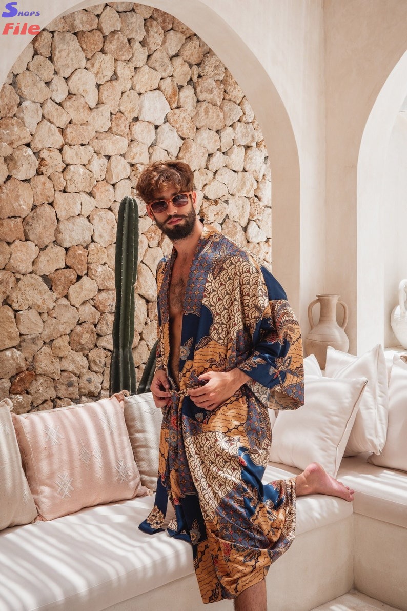 Men's Bali Silk Kimono Robe with Pockets, Long Satin Robe, Oversized Maxi Bathrobe